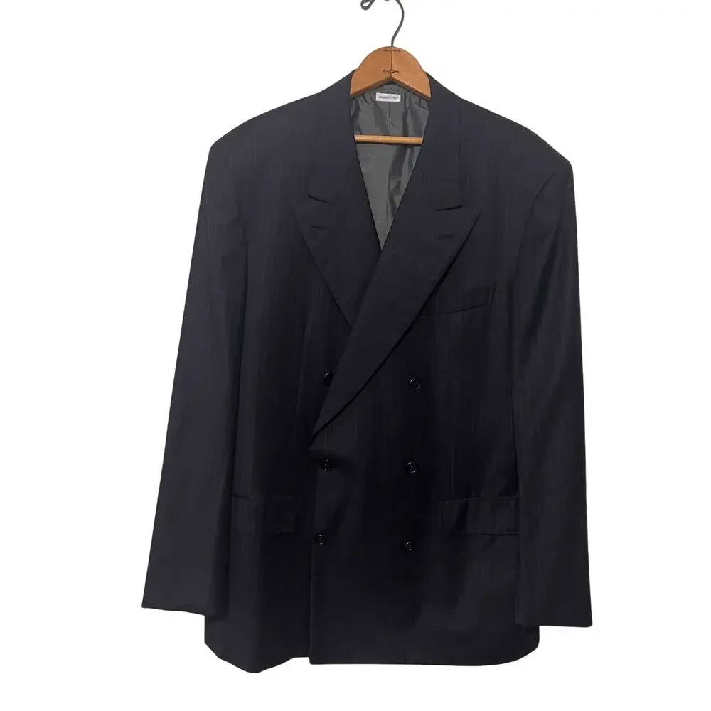 Brioni Roma Wool Blazer Mens 44R Navy Double Breasted Pinstripe Sport Coat FLAW